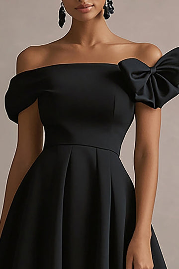 Black Satin Midi Graduation Dress with Bow